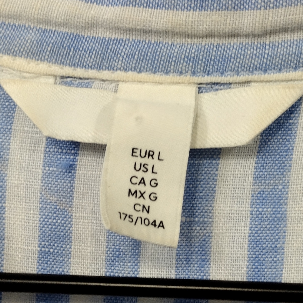 H&M 100% Linen Stripped Button Shirt Women's L Blue White Office Casual Retro - Picture 8 of 9